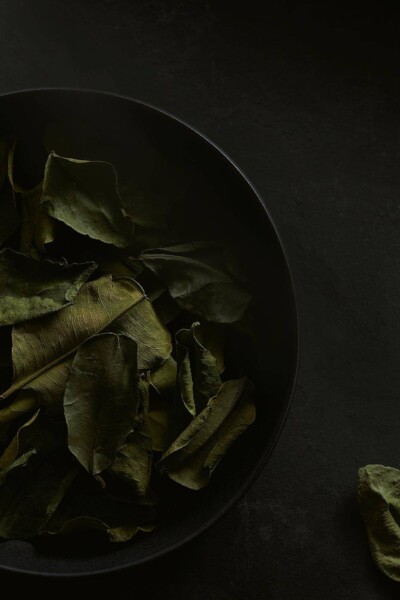 Kaffirblätter in Schale. Foodfotografie von Kaffirblättern in Schale.